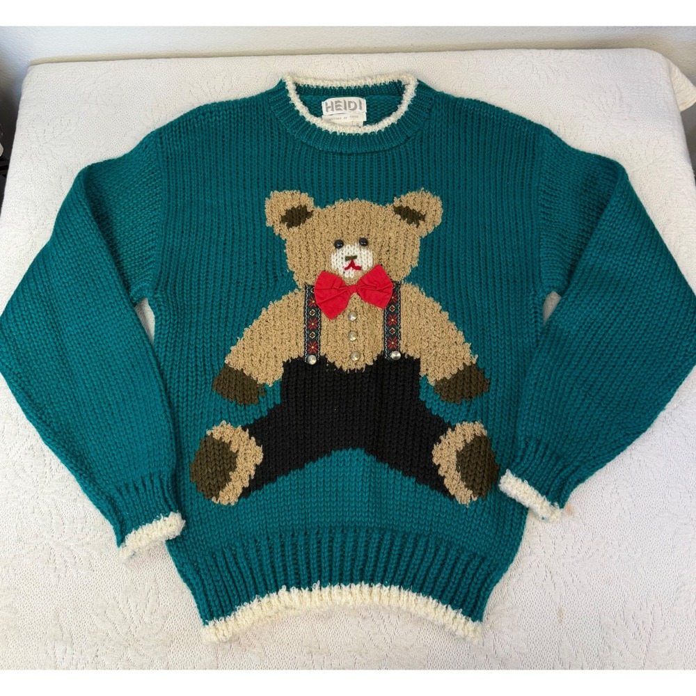 Vintage Heidi 80s Teddy Bear Sweater Teal Chunky Knit Bow Tie Novelty Small
